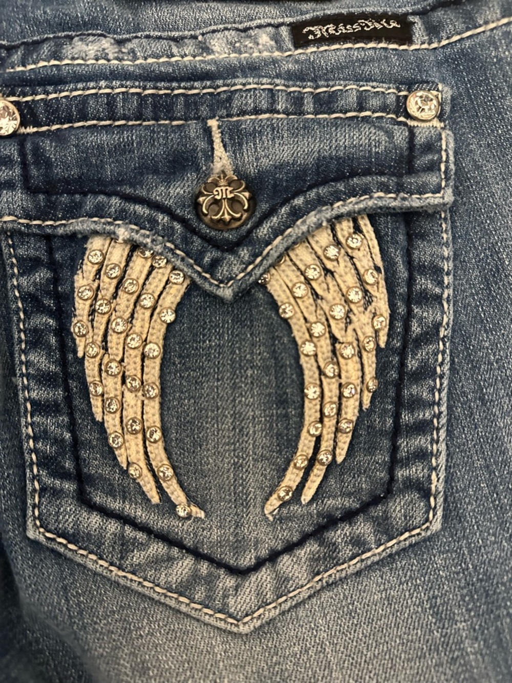 Miss Me Bootcut Jeans Size 28 Medium Wash Distressed Rhinestone Wing Pockets Y2K